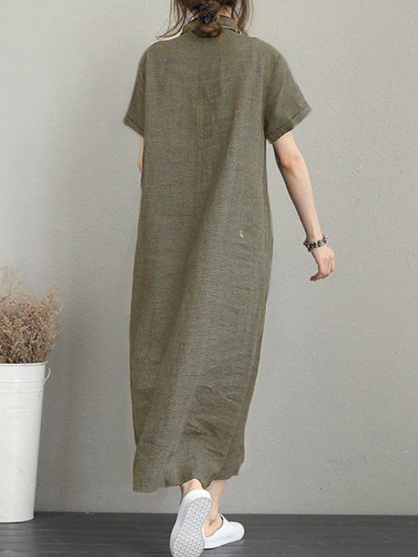 Original Cotton-Blend Lapel Solid Color Dress