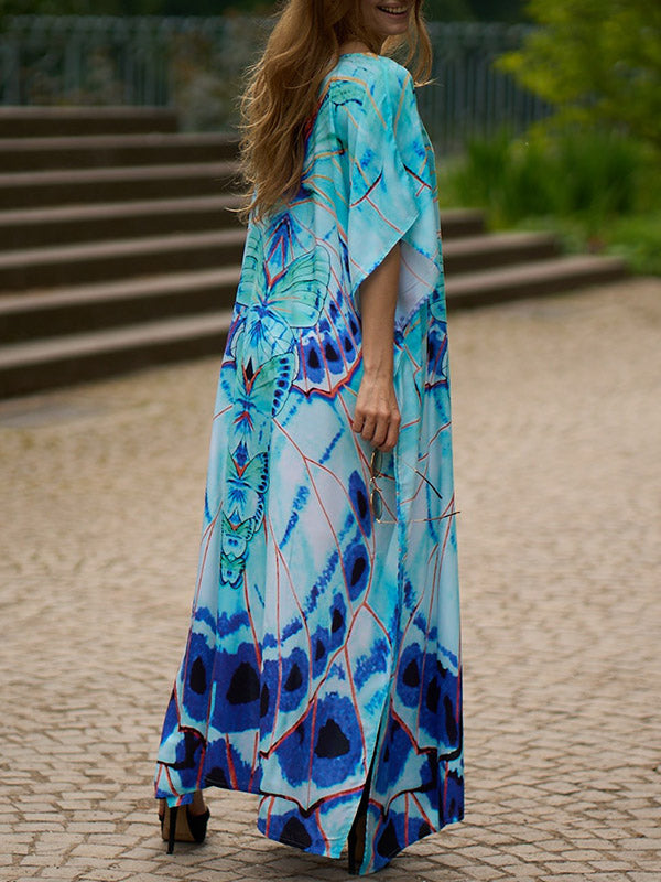 Batwing Sleeves Loose Butterfly Print Split-Side V-Neck Beach Cover-Up Maxi Dresses