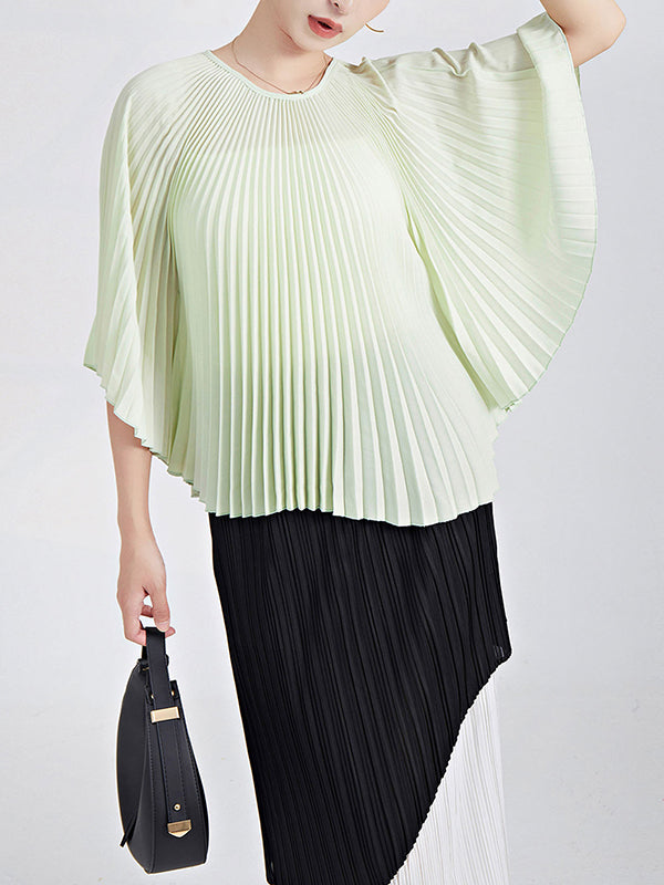 Batwing Sleeves Loose Pleated Solid Color Round-Neck T-Shirts Tops