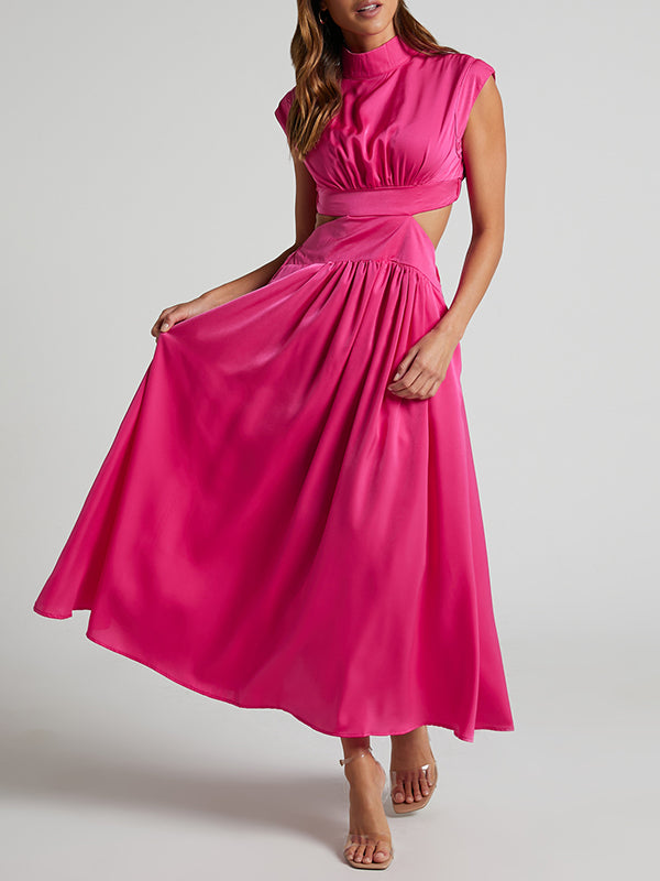 Cap Sleeve Belly-Hollow Pleated Solid Color Stand Collar Maxi Dresses