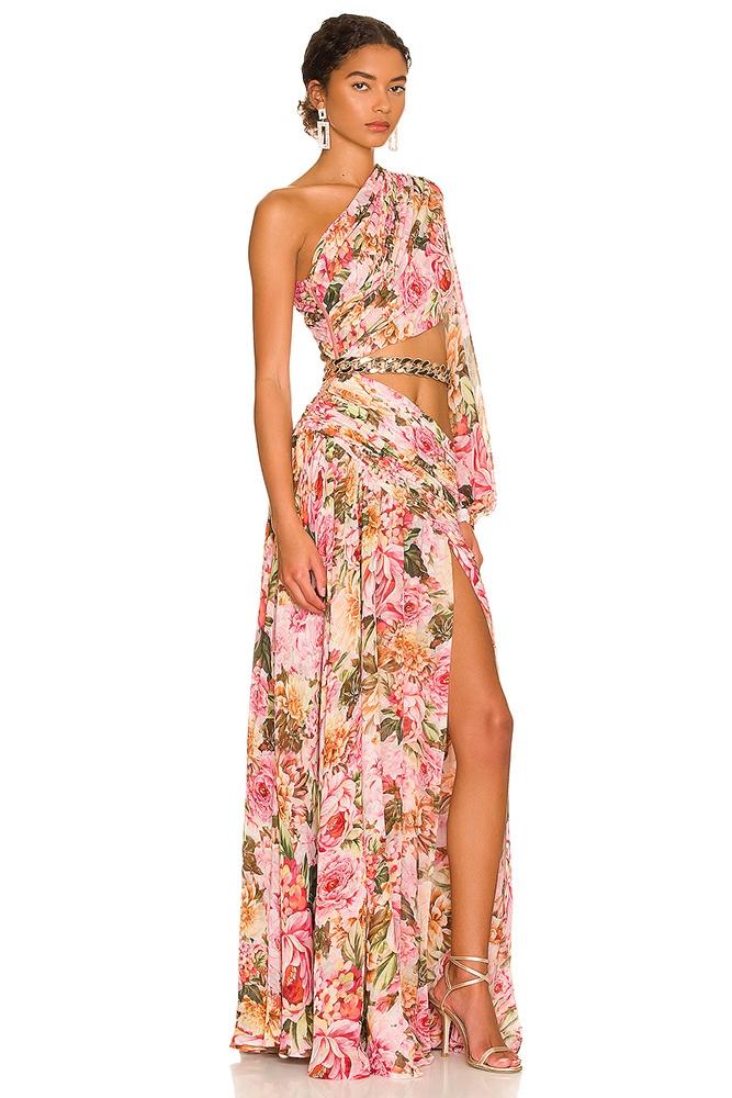 Gertrude Printed Cut-out Asymmetry Maxi Dress