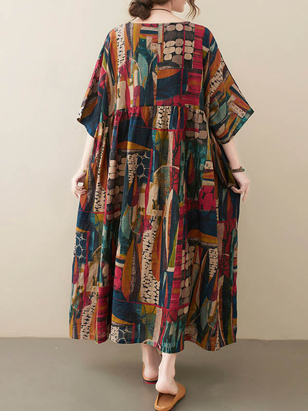 Vintage Loose Abstract Printed Pleated Round-Neck Half Sleeves Midi Dress