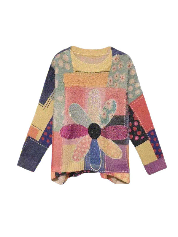 High-Low Long Sleeves Flower Print Rhine Stones Round-Neck Pullovers Sweater Tops