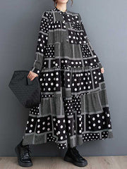 Long Sleeves Loose Buttoned Polka-Dot Printed Split-Joint Midi Dresses