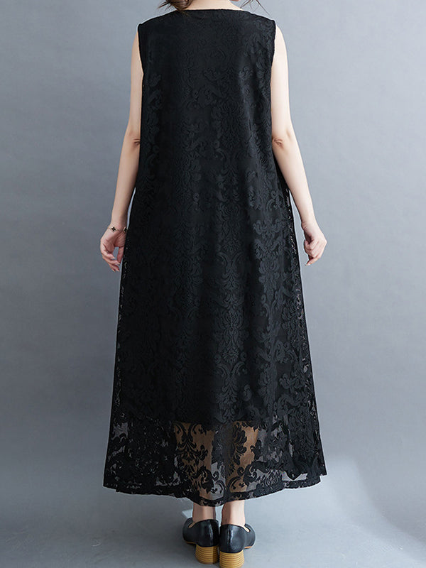 A-Line Loose Lacy See-Through Solid Color Split-Side Round-Neck Midi Dresses