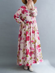 Long Sleeves Loose Flower Print Split-Joint Round-Neck Midi Dresses