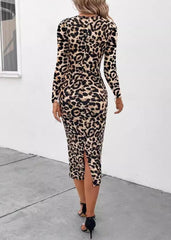 Chic Leopard Print Long Sleeve Midi Dress