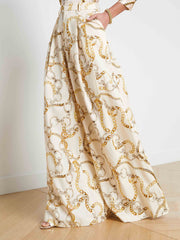 Exquisite Satin Chain Print Pocket Loose Wide-Leg Pants