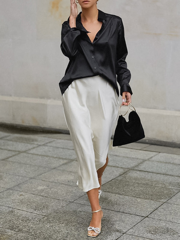 Long Sleeves Loose Solid Color Split-Joint Lapel Blouses