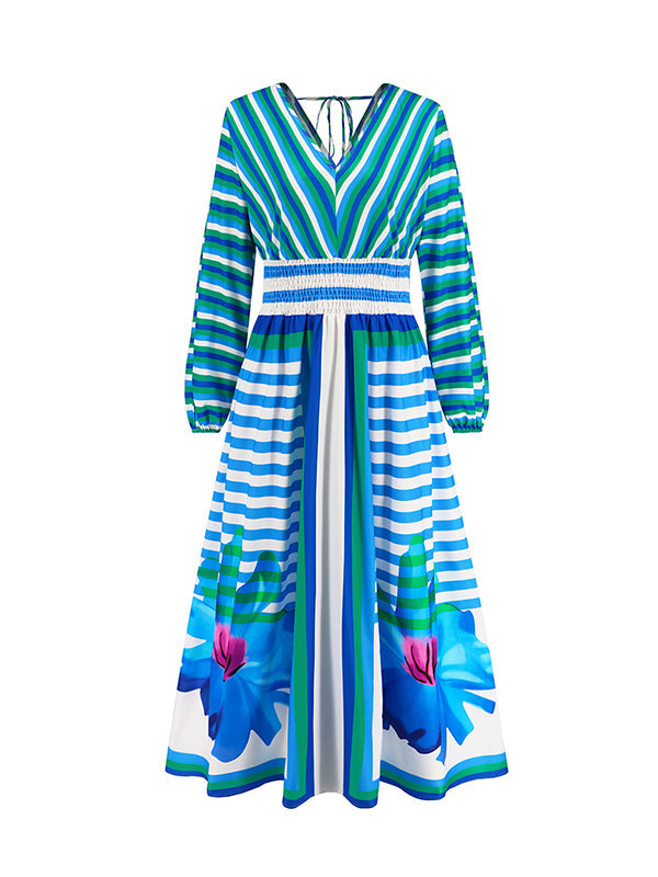 A-Line Long Sleeves Backless Elasticity Flower Print Split-Joint Striped Tied V-Neck Maxi Dresses