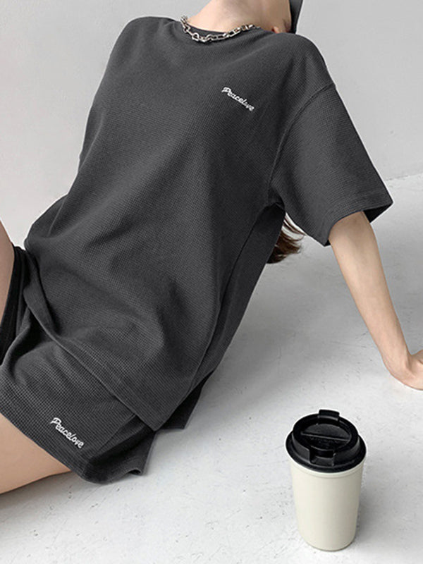 Short Sleeves Split-Joint Round-Neck T-Shirt + Elasticity Waist Shorts Two Pieces Set