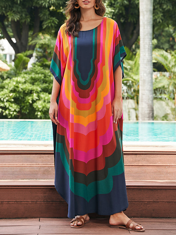 Batwing Sleeves Loose Contrast Color Printed Sun Protection Round-Neck Maxi Dresses