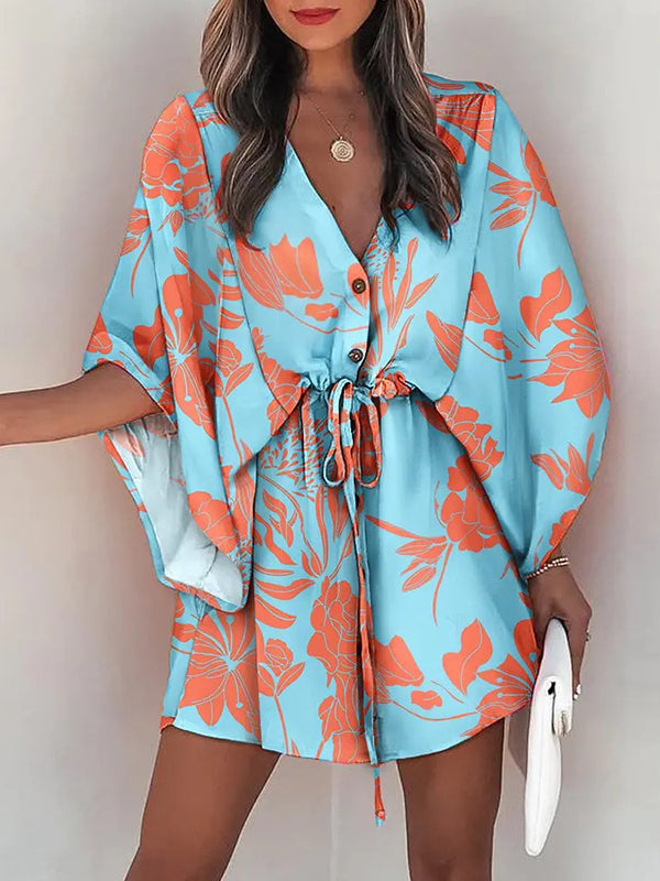 Original Loose Floral Printed Contrast Color Tied Mini Shirt Dress