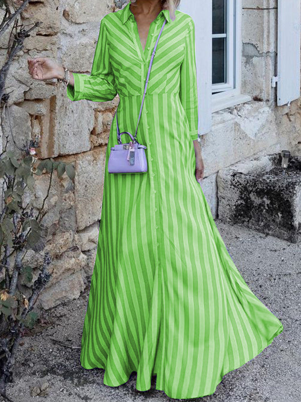 Stylish Long Sleeves Striped Lapel Collar Maxi Dresses