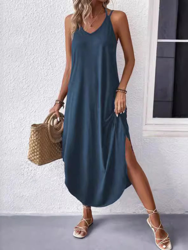 Loose Plus Size Solid Color Spaghetti-Neck Maxi Dresses