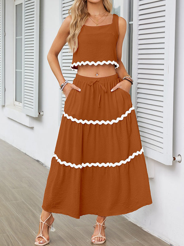 Sleeveless Striped Square-Neck Vest Top + A-Line High Waisted Drawstring Elasticity Pockets Skirts Bottom Two Pieces Set