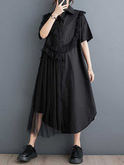 A-Line Half Sleeves Asymmetric Buttoned Ruffled Solid Color Split-Joint Lapel Midi Dresses Shirt Dress