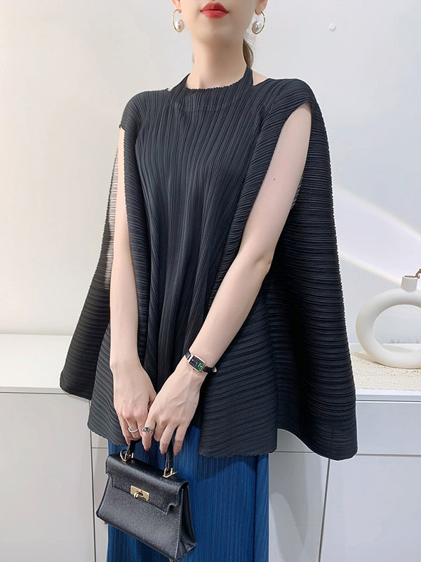 Loose Sleeveless Pleated Solid Color Halter-Neck T-Shirts Tops