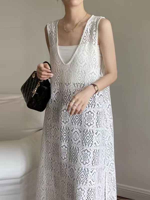 Loose Sleeveless Hollow Solid Color Split-Joint Split-Side V-Neck Maxi Dresses