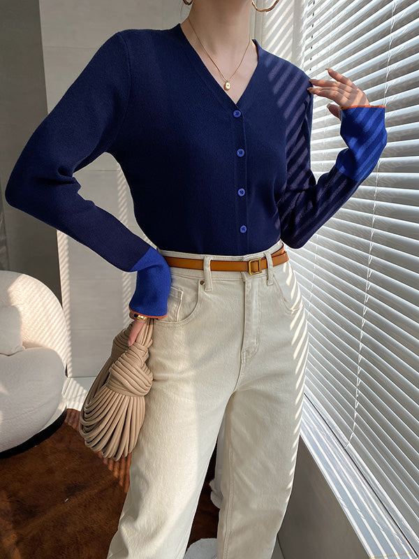 Flared Sleeves Long Sleeves Buttoned Contrast Color Split-Joint V-Neck Cardigan Tops