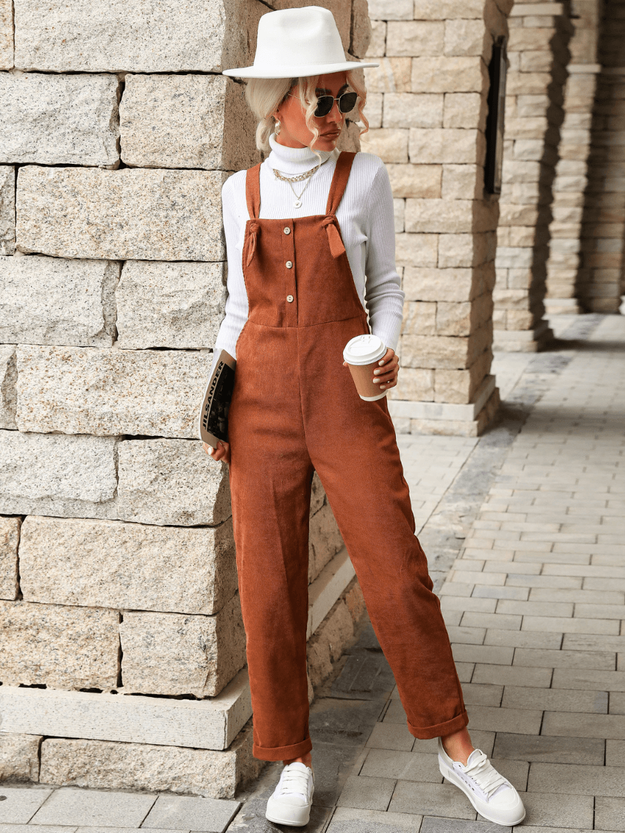 BRADY BELL FALL CORDUROY ROMPERS - CARAMEL