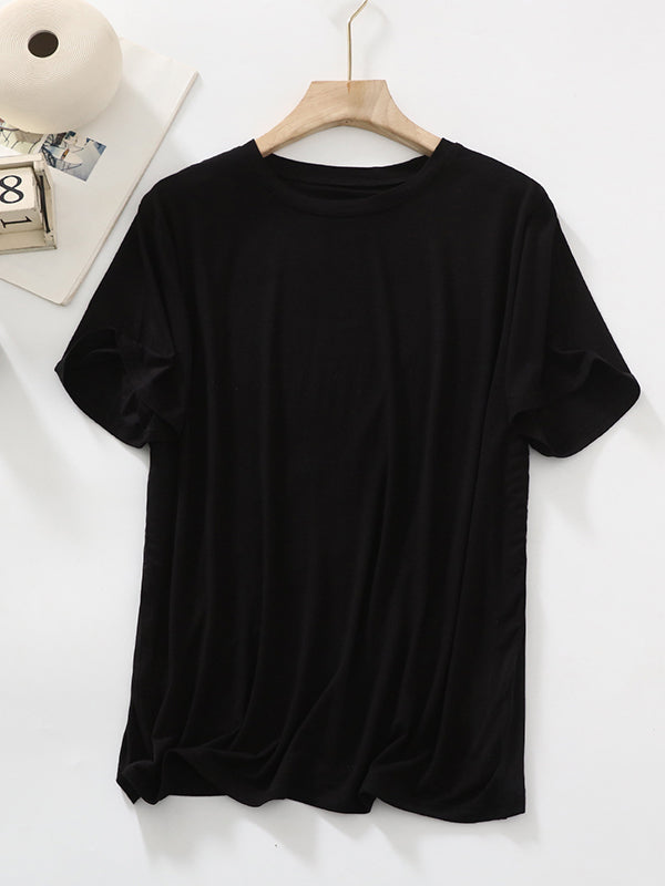 Loose Short Sleeves Solid Color Split-Joint Round-Neck T-Shirts Tops