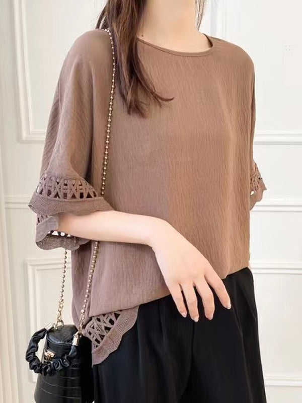 Flared Sleeves Half Sleeves Hollow Solid Color Round-Neck T-Shirts Tops