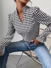 Long Sleeves Loose Elasticity Houndstooth Split-Joint V-Neck Blouses&Shirts Tops