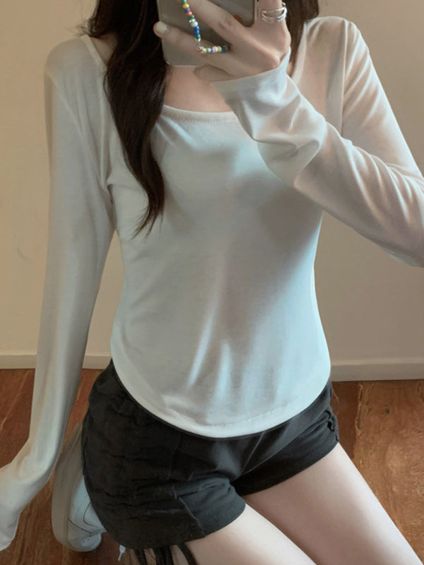 Long Sleeves Skinny Solid Color Square-Neck T-Shirts Tops