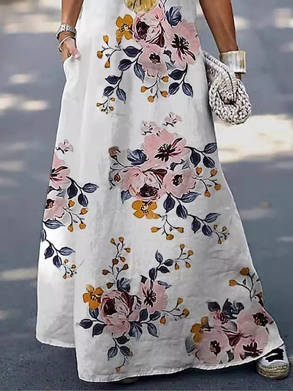 A-Line Loose Flower Print Pockets V-Neck Maxi Dresses