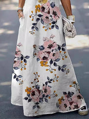 A-Line Loose Flower Print Pockets V-Neck Maxi Dresses