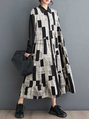 A-Line Long Sleeves Buttoned Printed Split-Joint Lapel Midi Dresses Shirt Dress