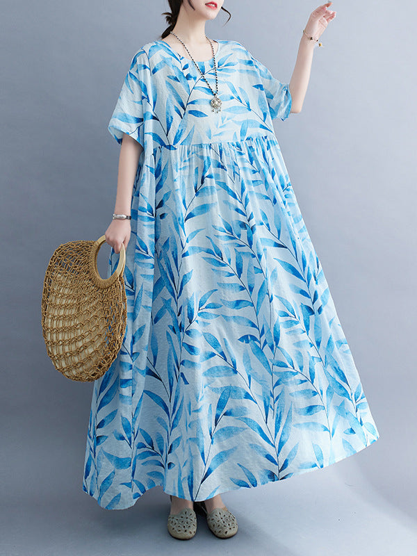 Loose Short Sleeves Leaf Pleated Printed Split-Joint Round-Neck Midi Dresses