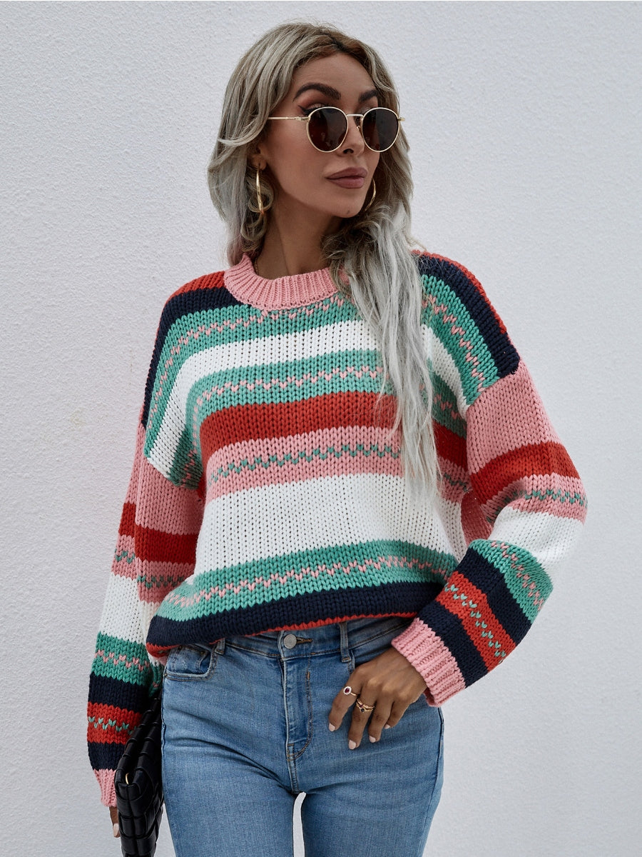 Smaibulun | Stripe Color-Block Knit Long-Sleeve Top - Pink