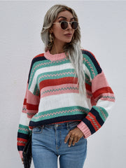 Smaibulun | Stripe Color-Block Knit Long-Sleeve Top - Pink