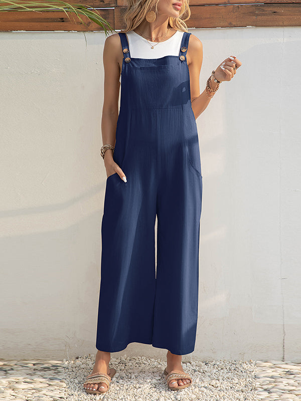 Loose Wide Leg Solid Color Square-Neck Overalls