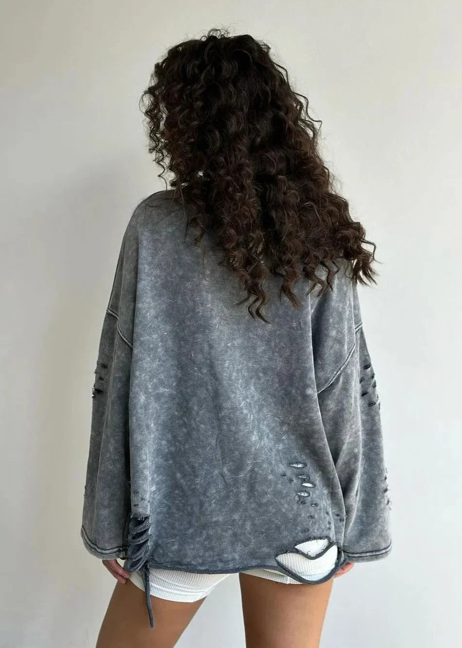 Distressed Relaxed Fit Crew Neck Sweater