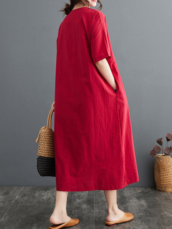 A-Line Loose Chinese Frog Buttons Pockets Solid Color Split-Side V-Neck Midi Dresses