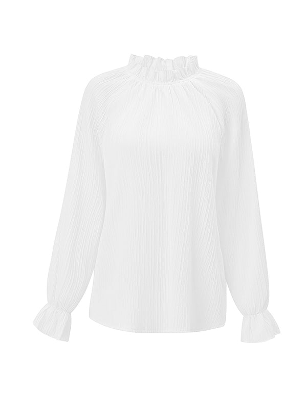 Long Sleeves Ruffle Sleeves Elasticity Ruffled Solid Color Mock Neck T-Shirts Tops