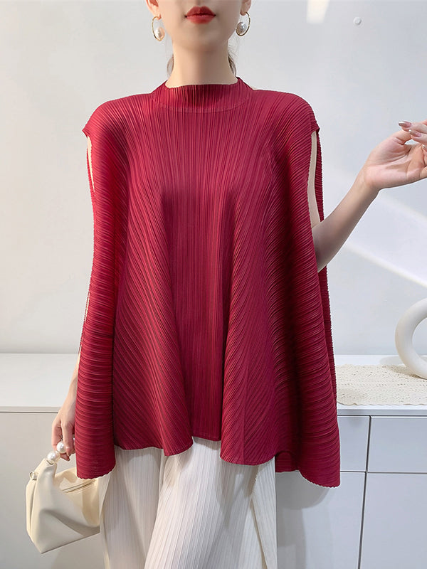 Loose Sleeveless Pleated Solid Color Halter-Neck T-Shirts Tops