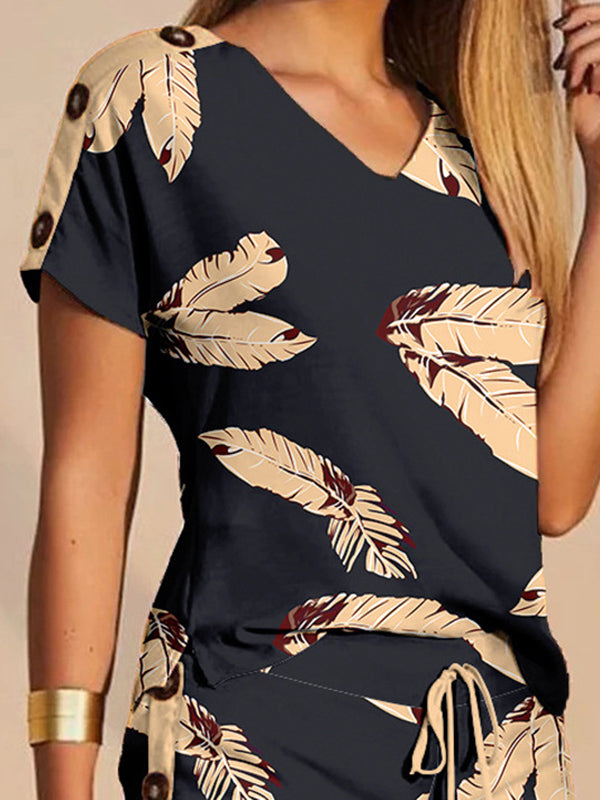 Short Sleeves Buttoned Drawstring Leaves Print Split-Side V-Neck T-Shirt + Shorts Two Pieces Set