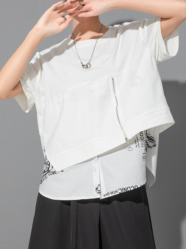 False Two Loose Printing Split-Joint Round-Neck T-Shirts Tops