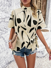 Half Sleeves Loose Asymmetric Pleated Printed Tied Mock Neck Blouses&Shirts Tops