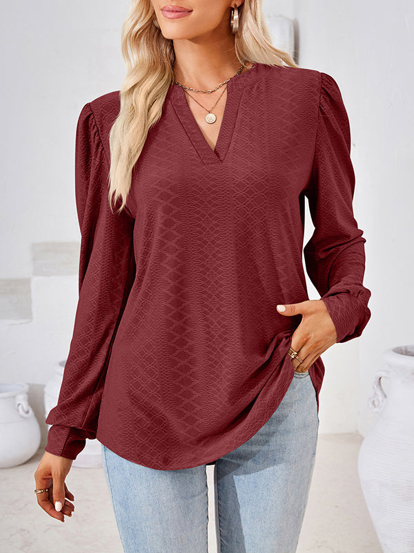 Long Sleeves Loose Jacquard Solid Color V-neck T-Shirts Tops