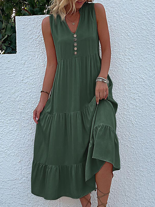 Loose Sleeveless Pleated Split-Joint V-Neck Midi Dresses