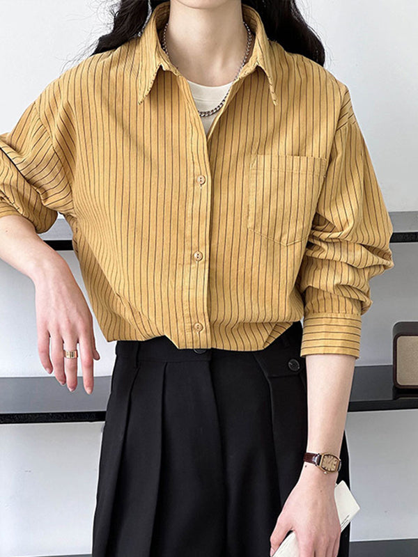 Long Sleeves Loose Buttoned Pockets Striped Lapel Blouses&Shirts Tops