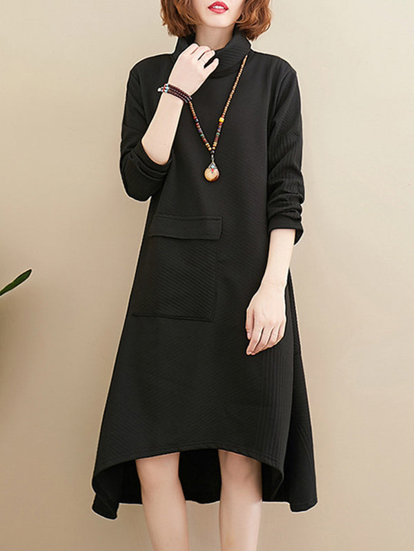 Original Solid High-Neck Irregularity Dress