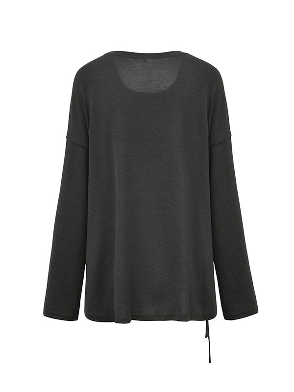 Long Sleeves Loose Asymmetric Drawstring Hollow Solid Color Round-Neck T-Shirts Tops