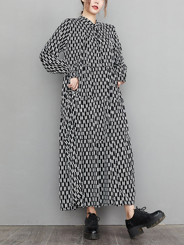 Casual Long Sleeves Loose Buttoned Contrast Color Printed Split-Joint Stand Collar Midi Dresses