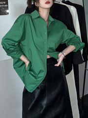 Long Sleeves Loose Pleated Solid Color Split-Joint Lapel Blouses